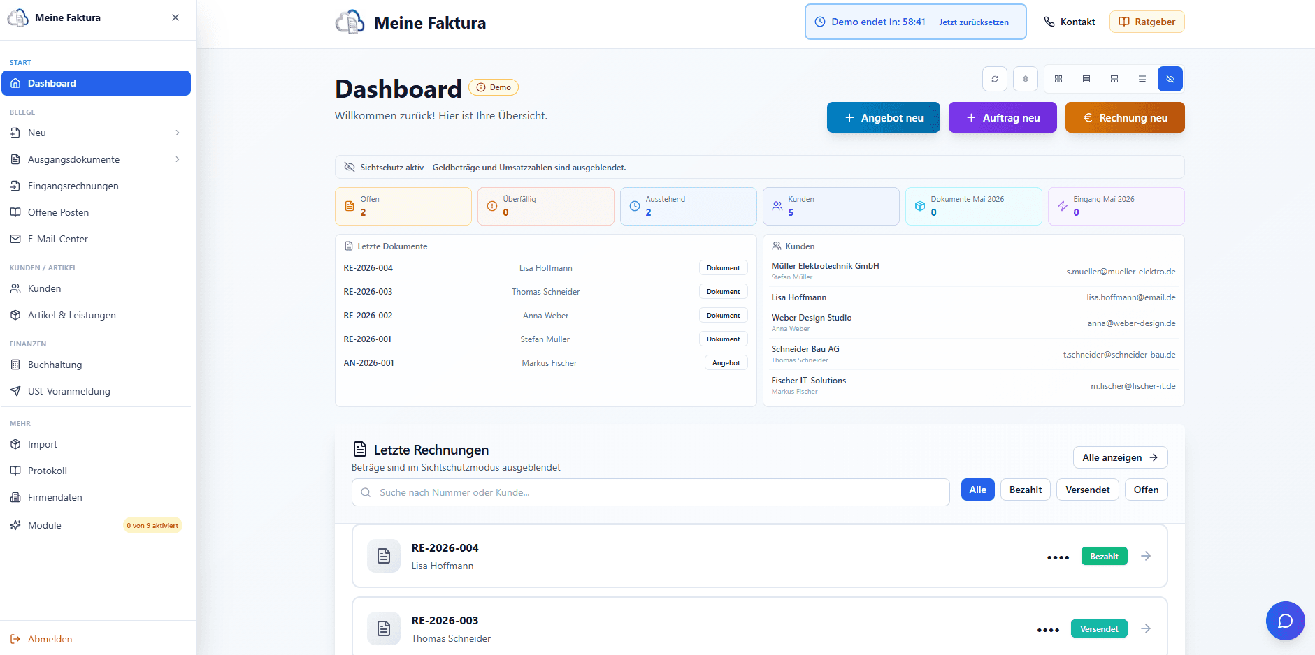 Dashboard mit Kennzahlen und Schnellzugriffen